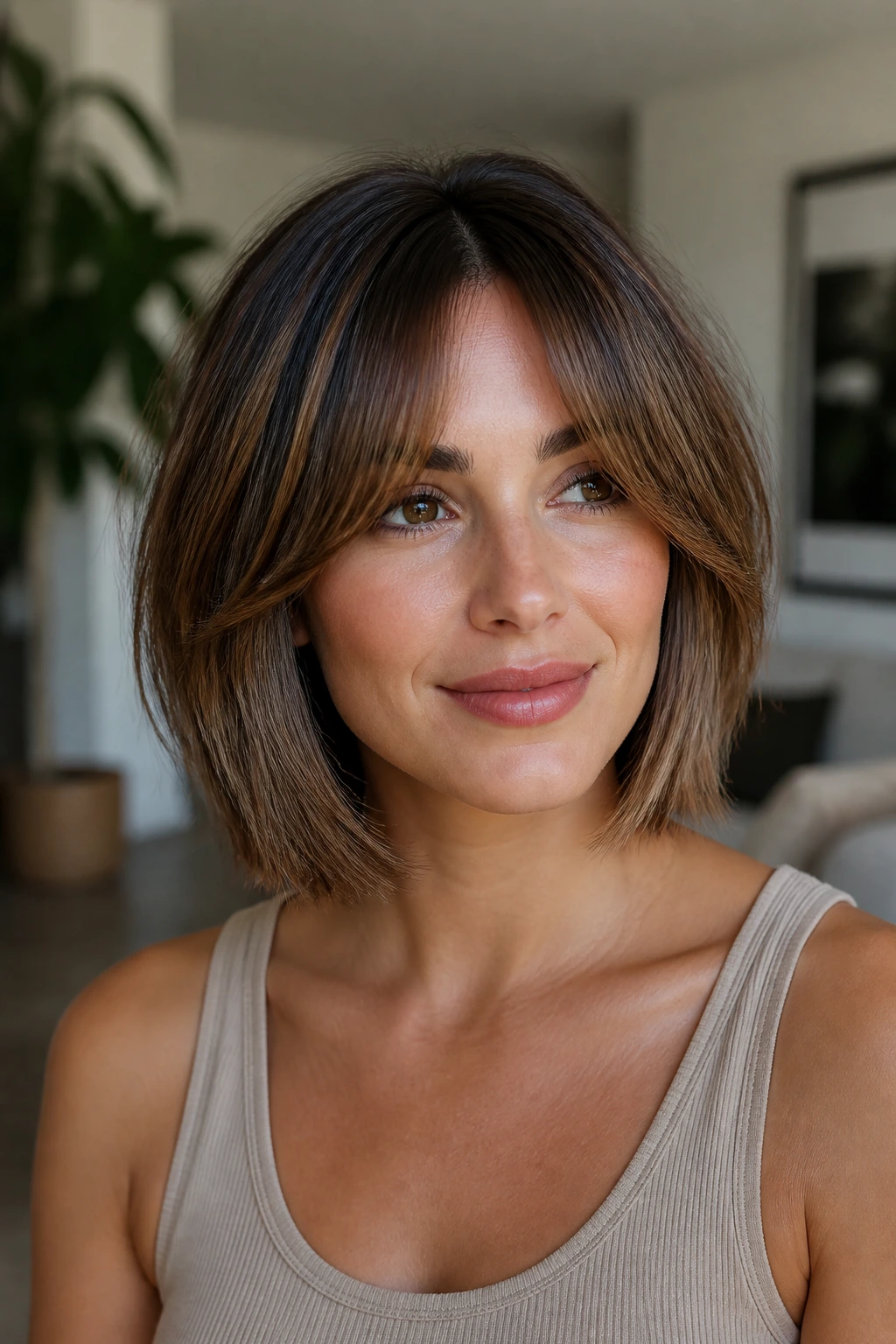 Close-up of a real woman with bottleneck bangs and a bob
