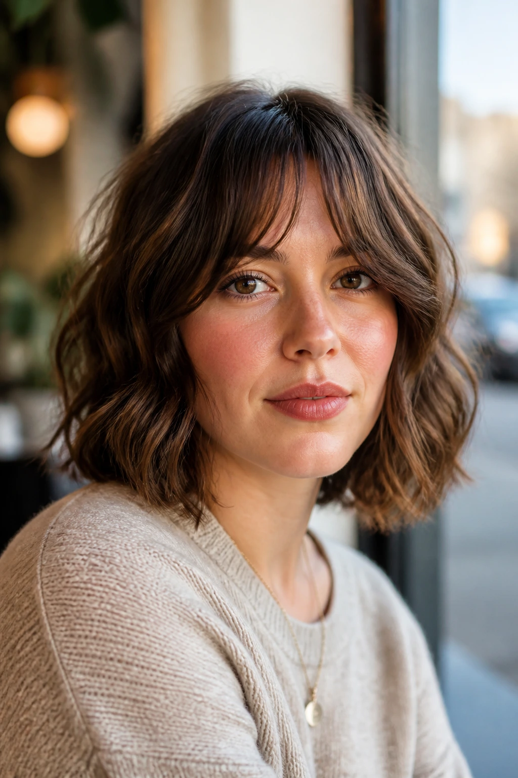 Real woman with bottleneck bangs bob in warm cafe light.