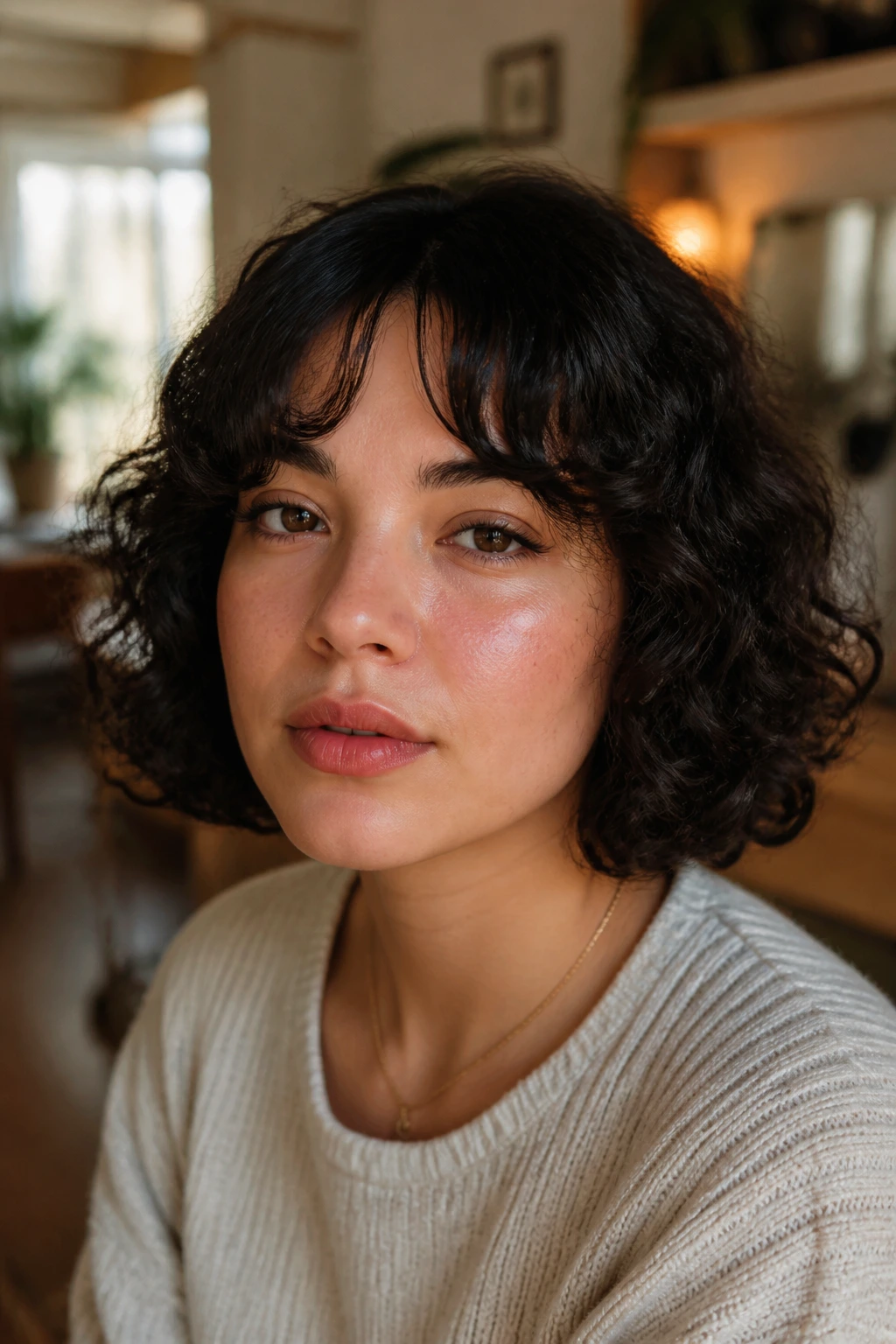 Close-up of a real woman with bottleneck bangs forming a narrow fringe that widens toward the temples.