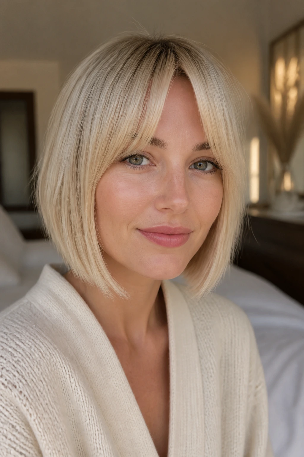 Close-up portrait of a real woman with bottleneck bangs and chin-to-jaw bob on a heart-shaped face; beige-blond hair.