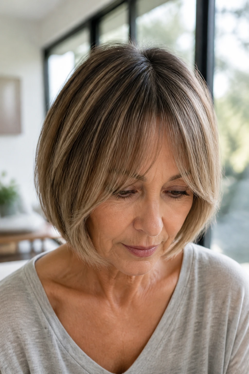 Portrait of real woman with bottleneck bangs and a soft bob