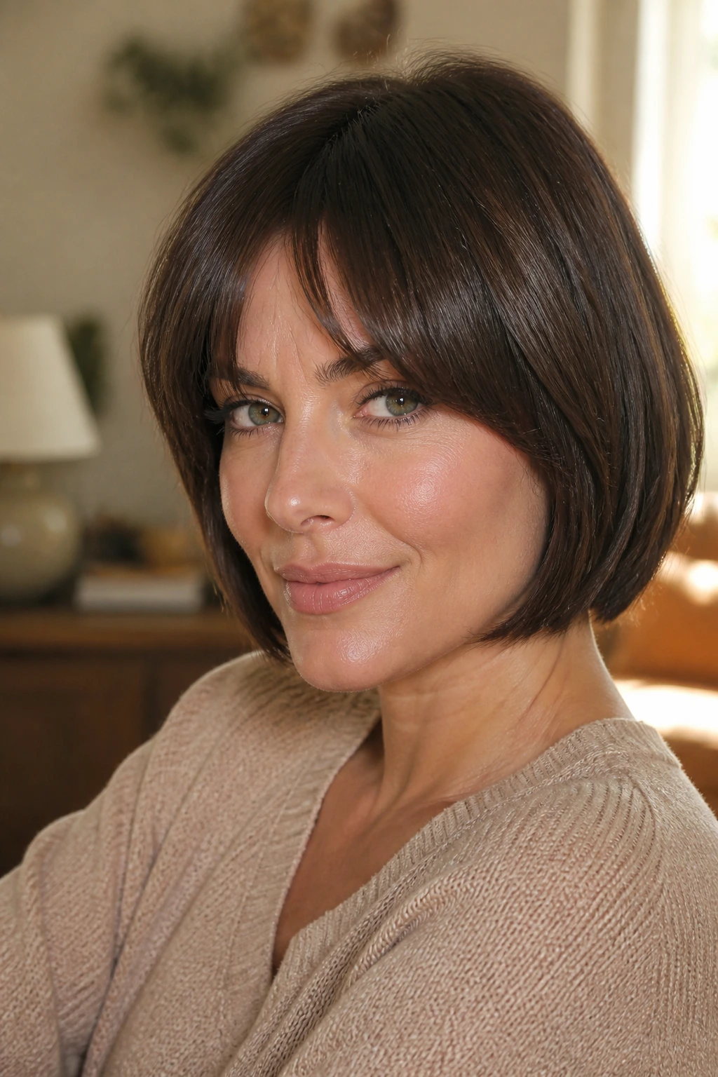 Real woman with bottleneck bangs and a sleek bob.
