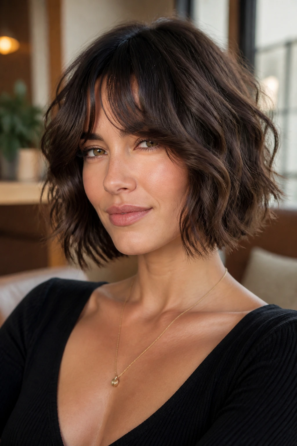Real person with bottleneck bangs and textured bob in a warm indoor setting.