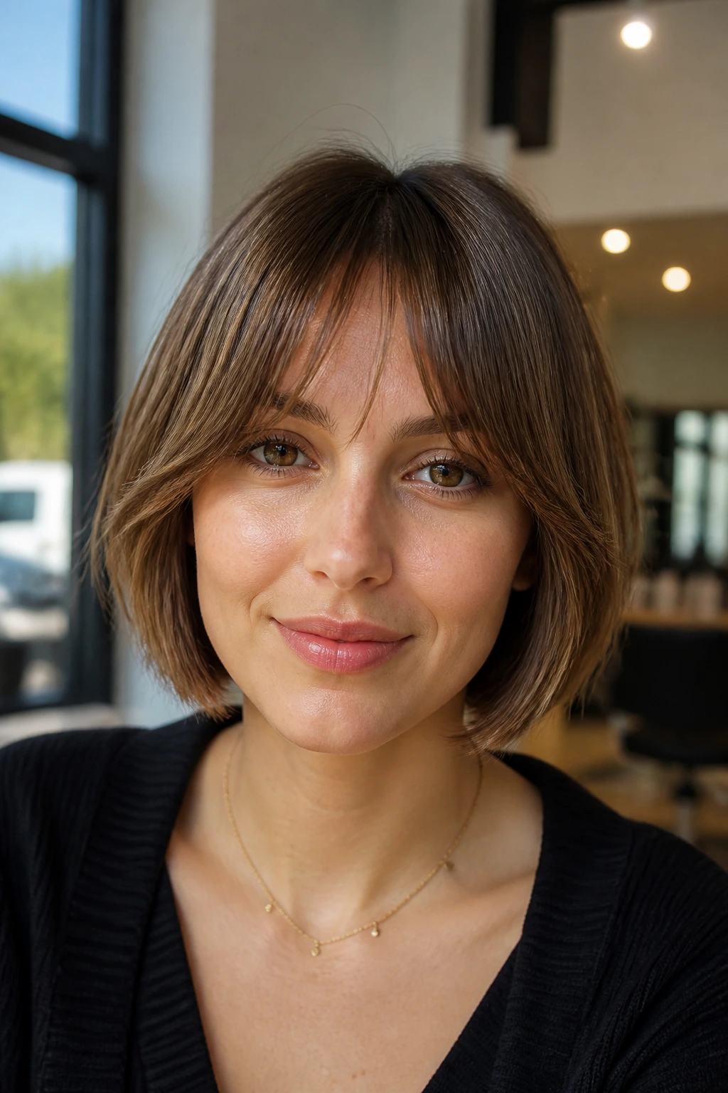 Close-up portrait of a real woman with bottleneck bangs and a chin-length bob in natural window light.