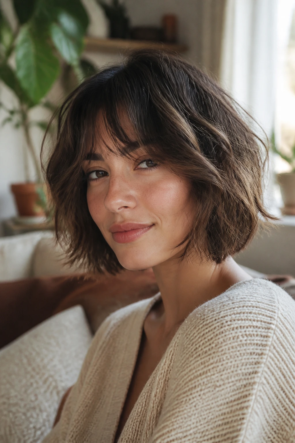 Real woman with bottleneck bangs blending into layers