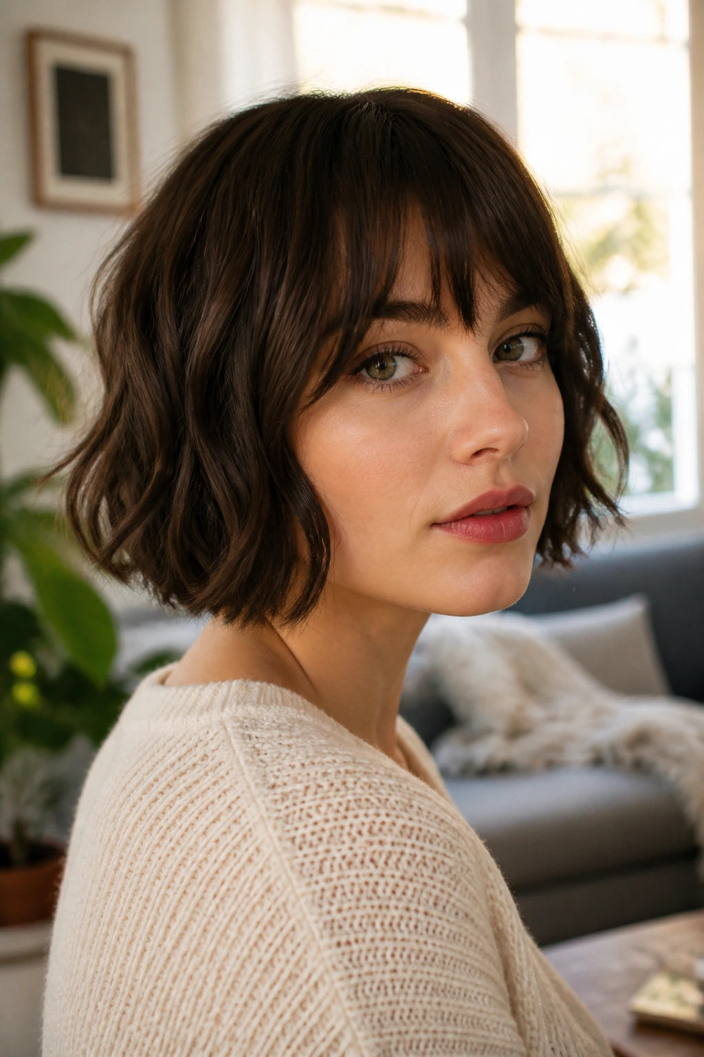 Close-up portrait of a real woman with bottleneck bangs and short wavy bob by a window