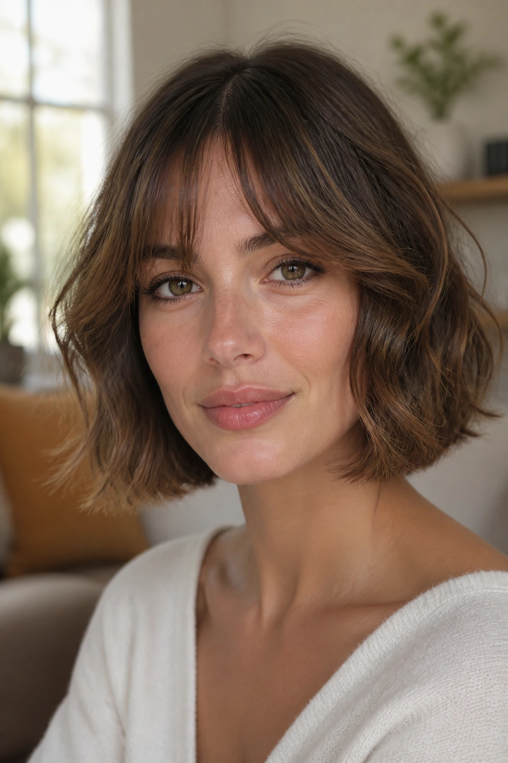 Close-up portrait of a real woman with bottleneck bangs and a soft-width bob in warm natural light