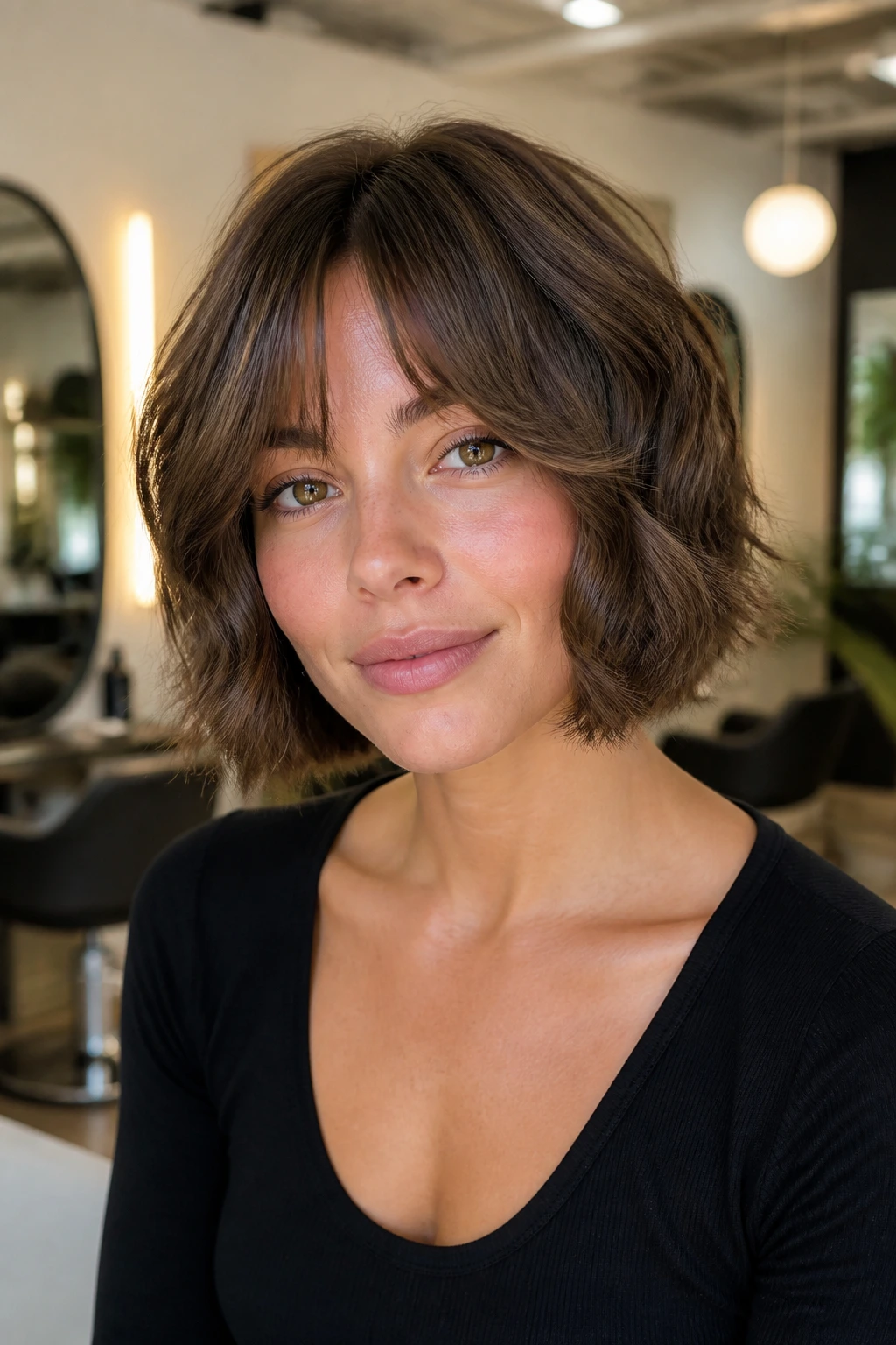 Portrait of a real woman with bottleneck bangs and chin-length bob in a chic salon