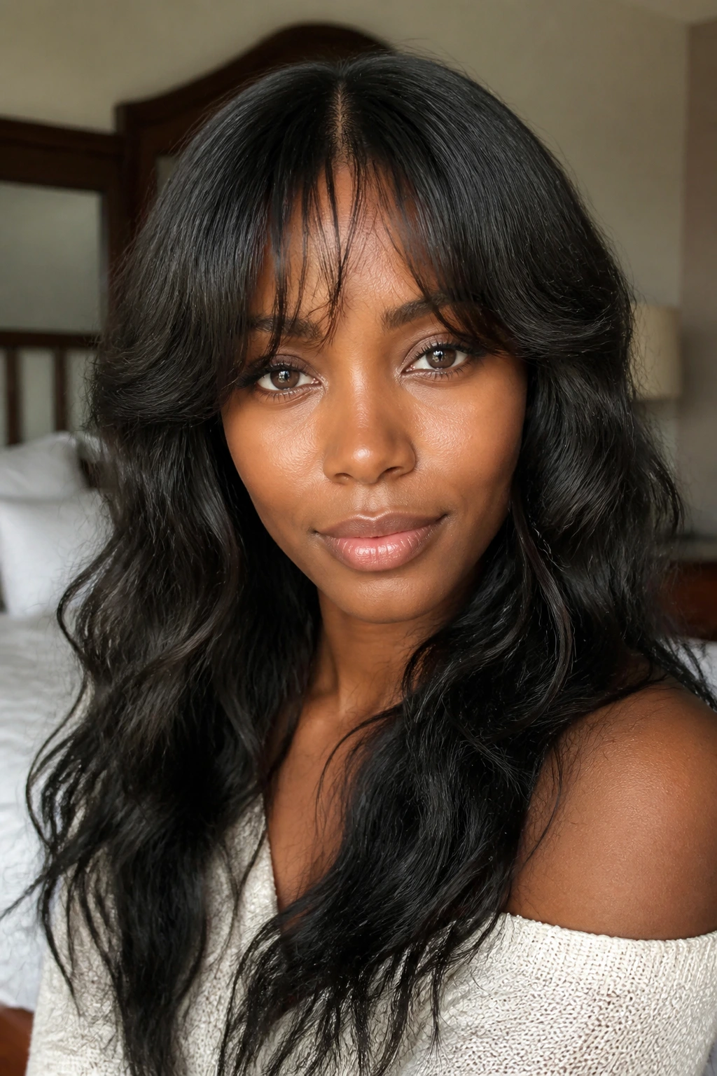 Close-up of a Black woman with bottleneck bangs narrowing at the brow