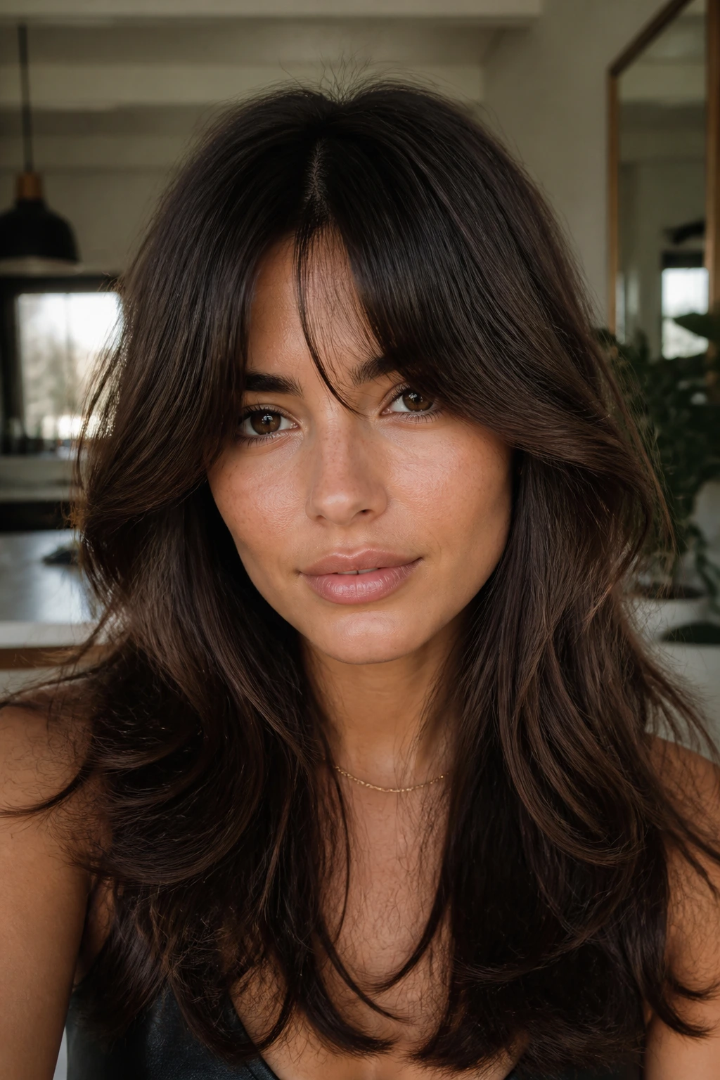 Close-up of brunette woman with bottleneck bangs and layered front pieces