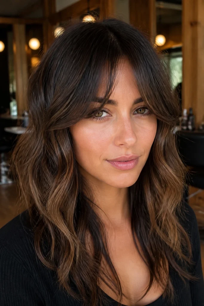 25 Brunette Bangs for Oval Faces and Wavy Hair