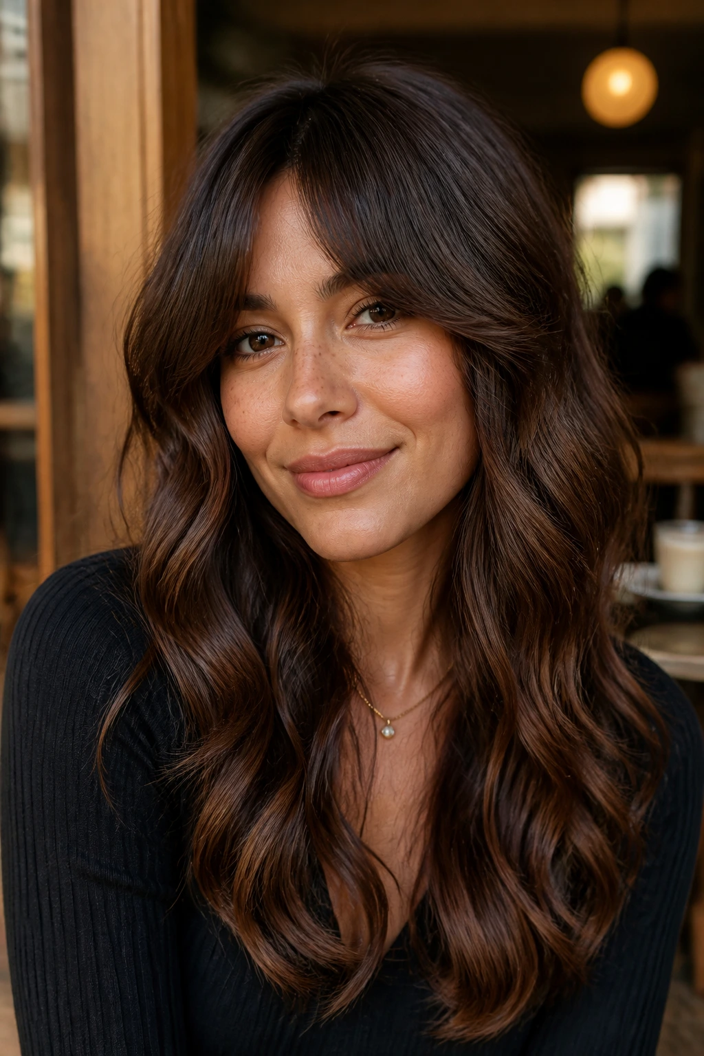 Real woman with bottleneck bangs and wavy length in cinnamon-brown brunette