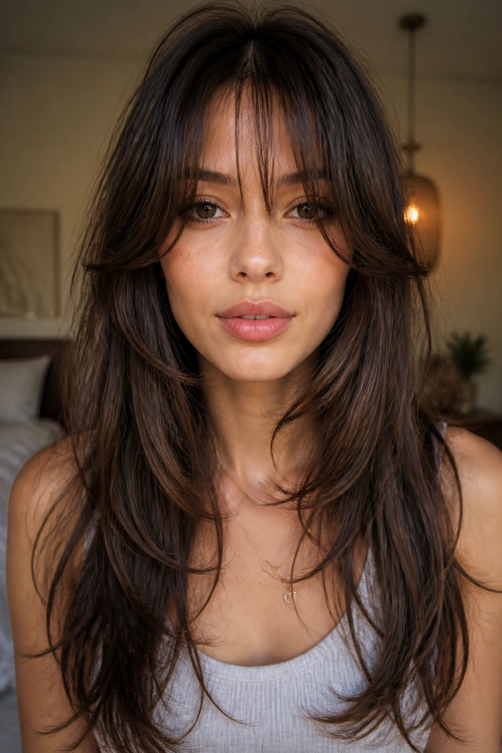 Real person with airy bottleneck bangs and butterfly layers framing the face