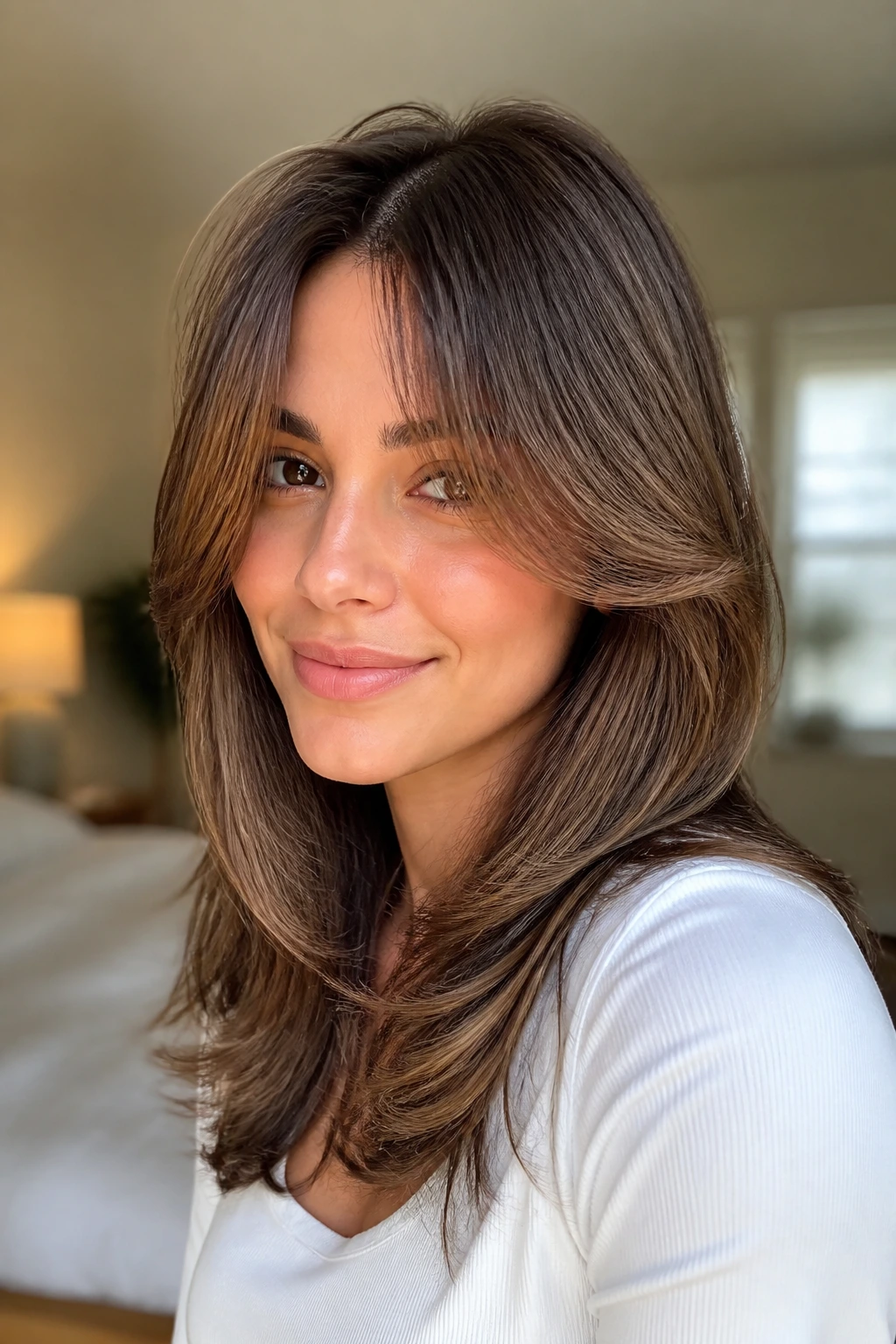 Close-up of bottleneck bangs butterfly hairstyle on a real woman