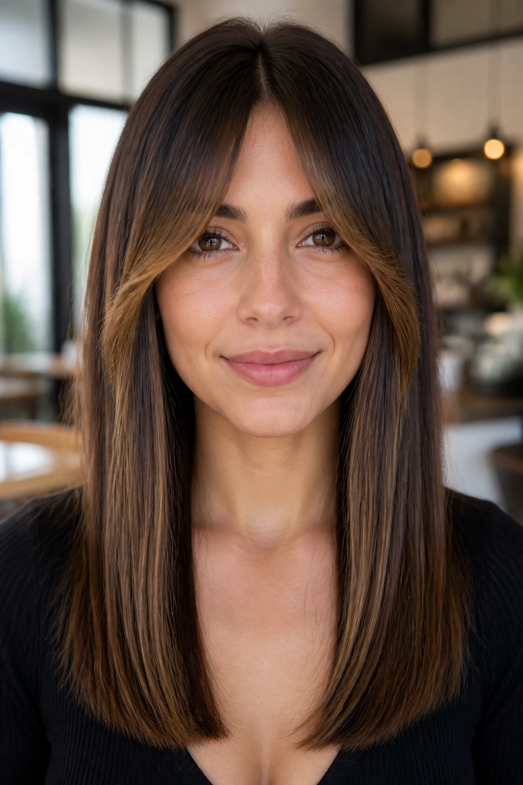 Close-up portrait of a woman with bottleneck bangs and sleek straight ends