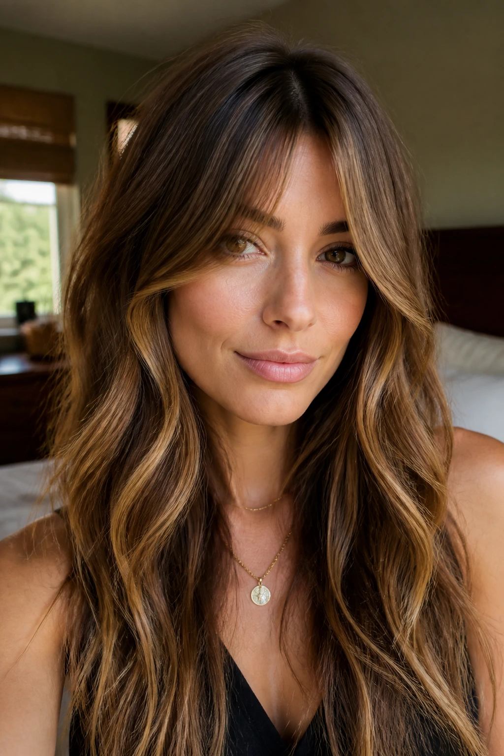 Close-up of Bottleneck Bangs with Flowing Caramel Pieces framing a real woman's face