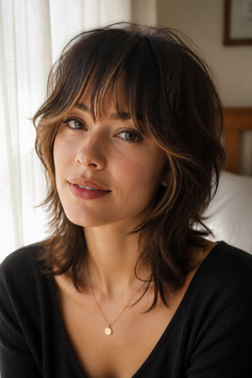 Close-up portrait of a woman with bottleneck bangs and mini shag caramel highlights.
