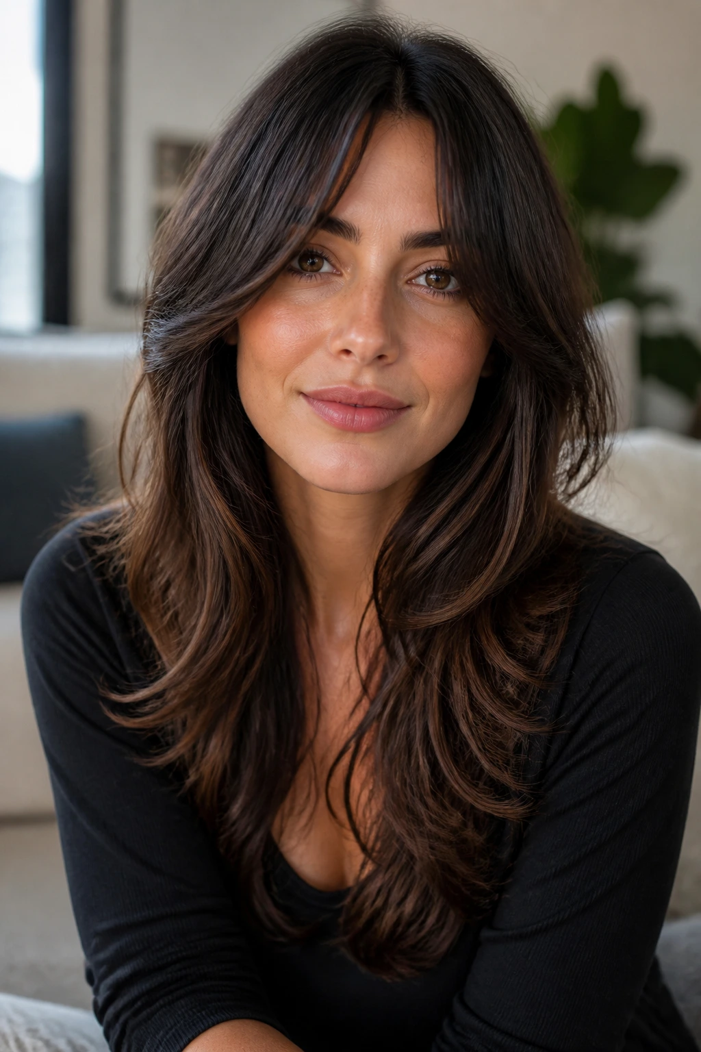 Close-up of a real woman with bottleneck bangs and cascading layers