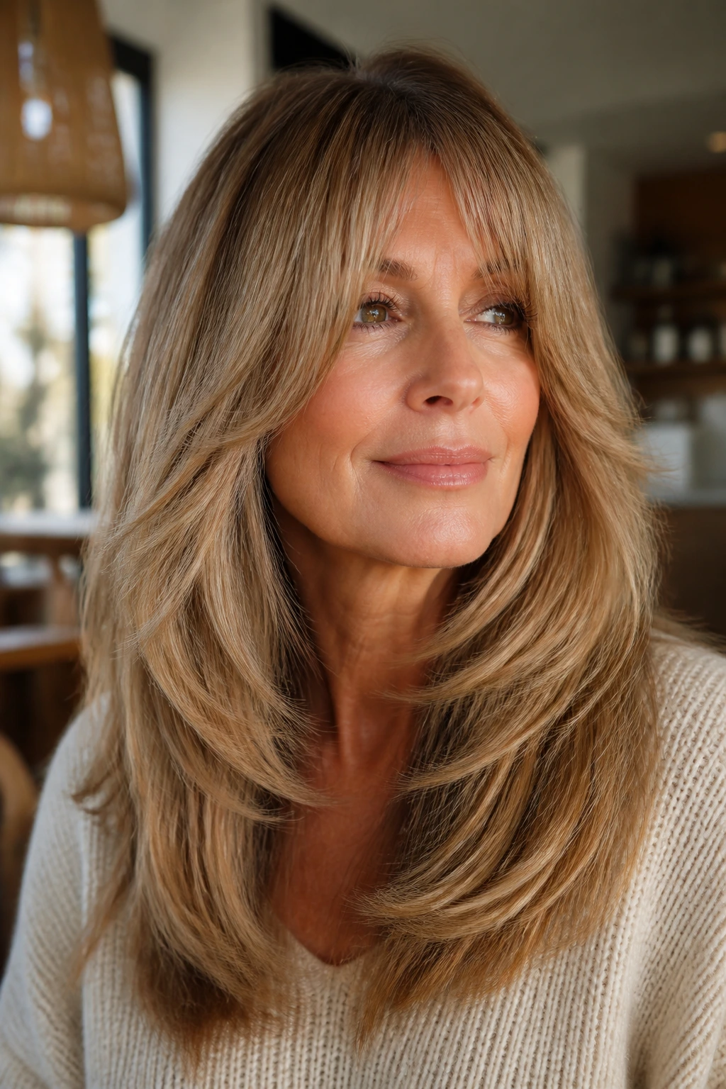Close-up portrait of a real woman with bottleneck bangs and cascading lengths.