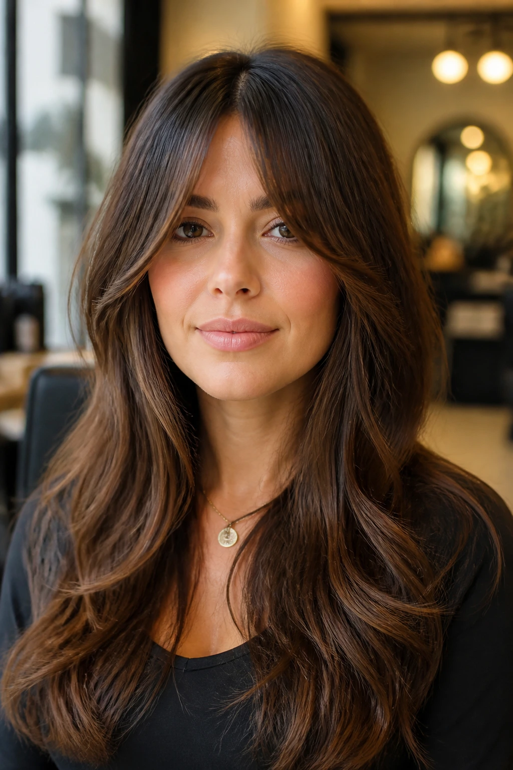 Close-up of a real woman with bottleneck bangs and a narrow center