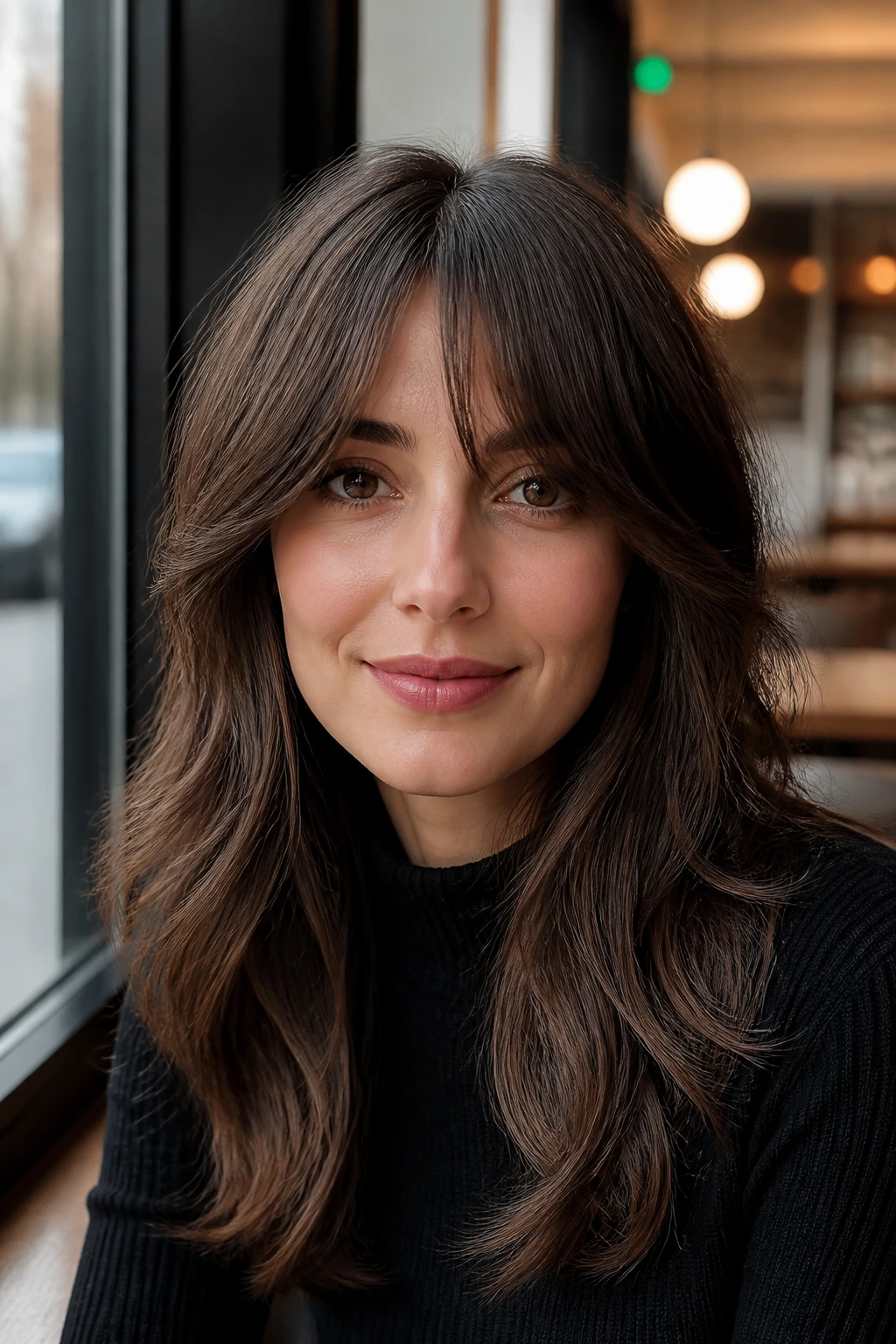 Close-up portrait of a woman with bottleneck bangs narrowing at center