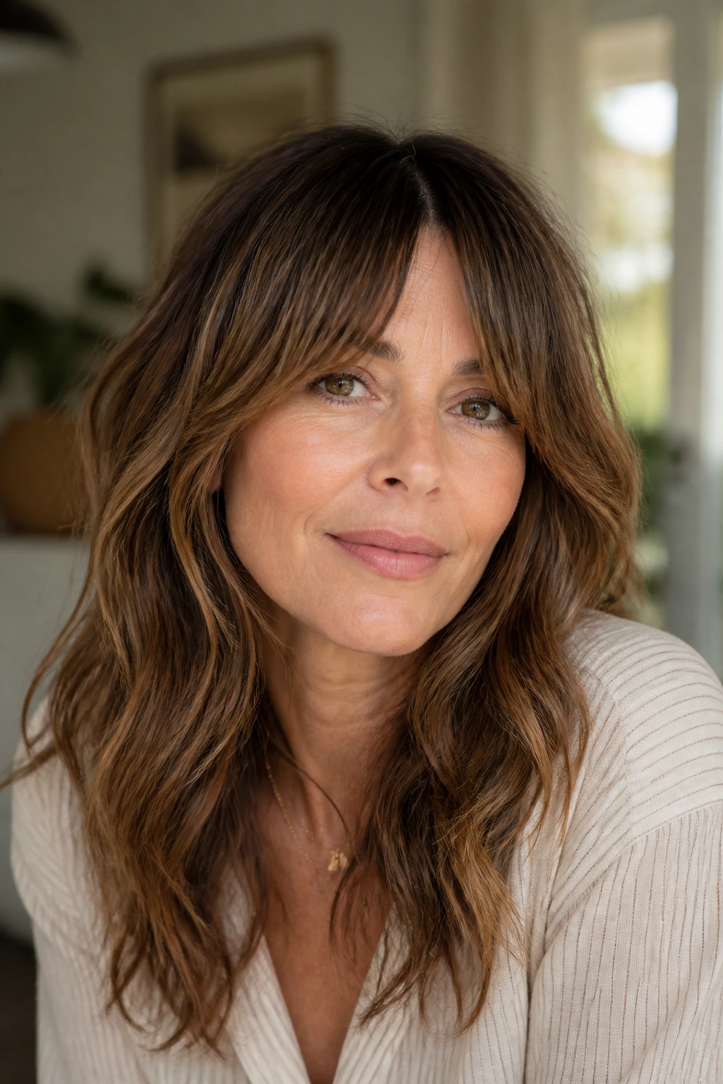Real woman wearing bottleneck bangs with a center opening