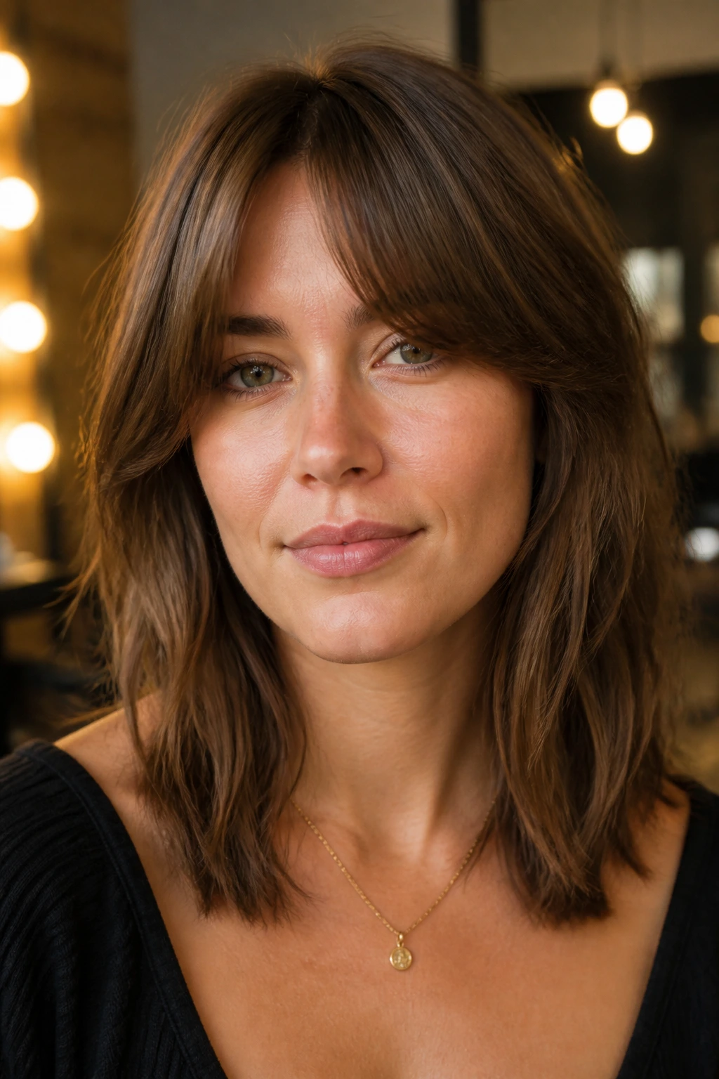 Close-up of bottleneck bangs with narrow center split on a real person