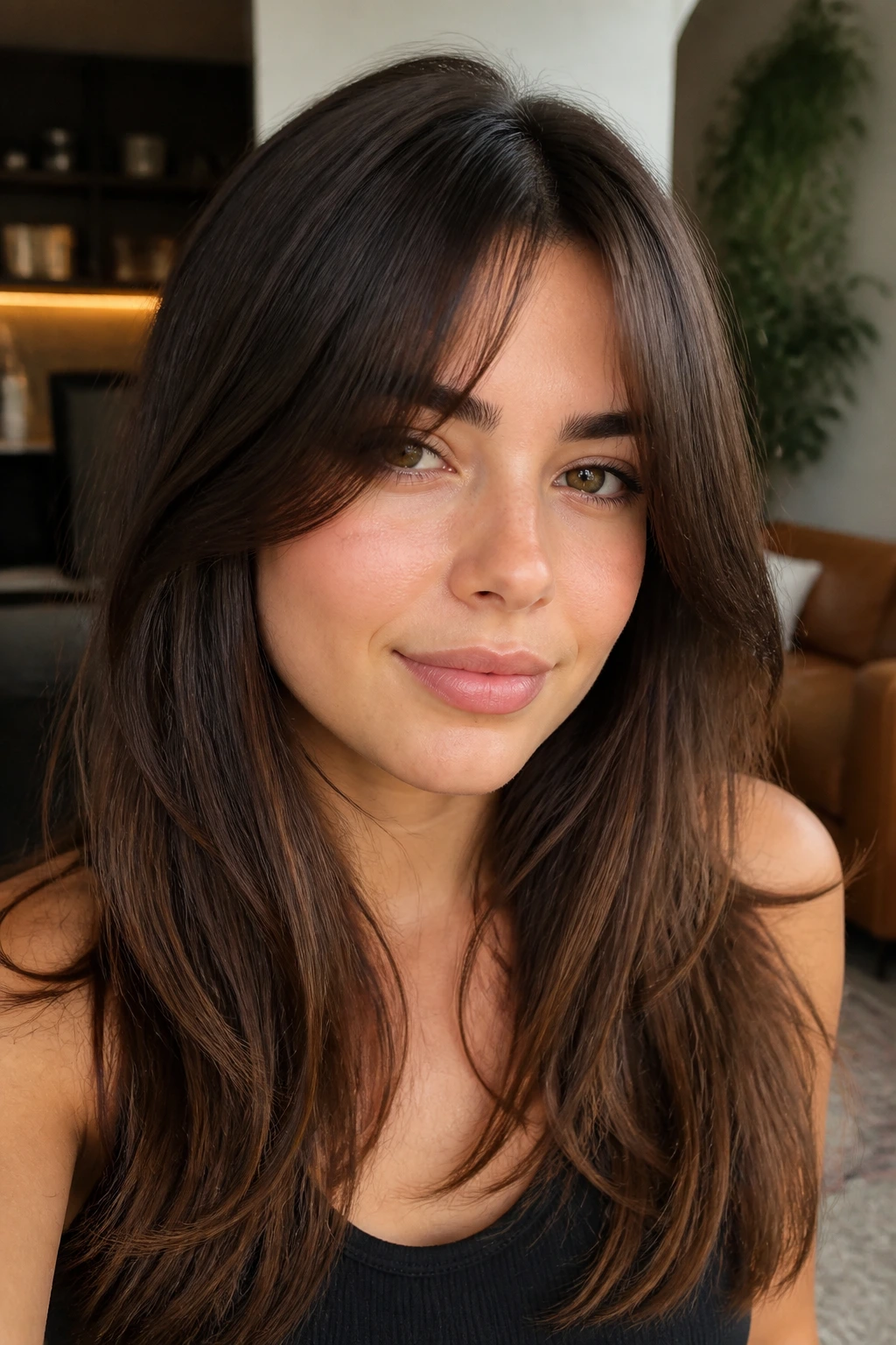 Real woman with bottleneck bangs and soft center split in natural daylight
