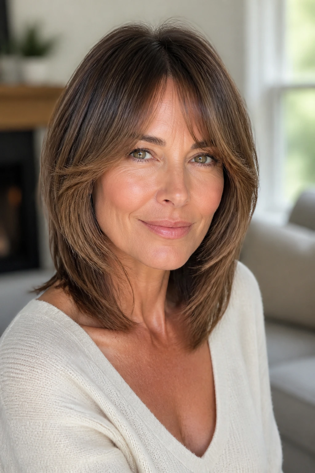 Close-up of a real woman with bottleneck bangs and cheekbone layers.