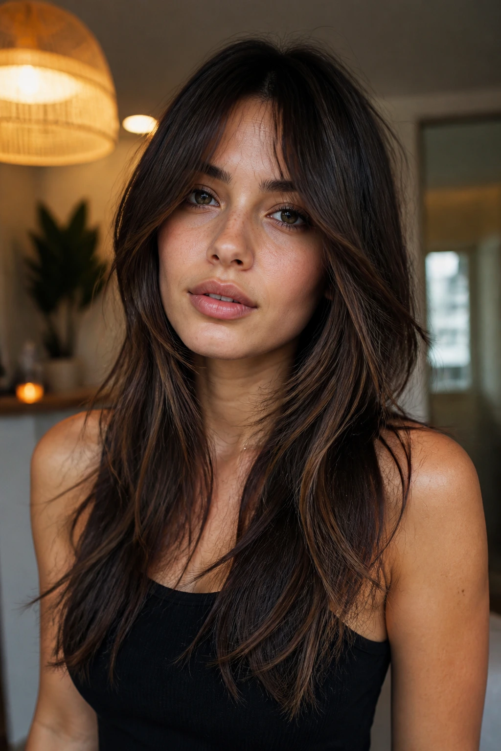 Close-up portrait of a real woman with bottleneck bangs and cheekbone layers