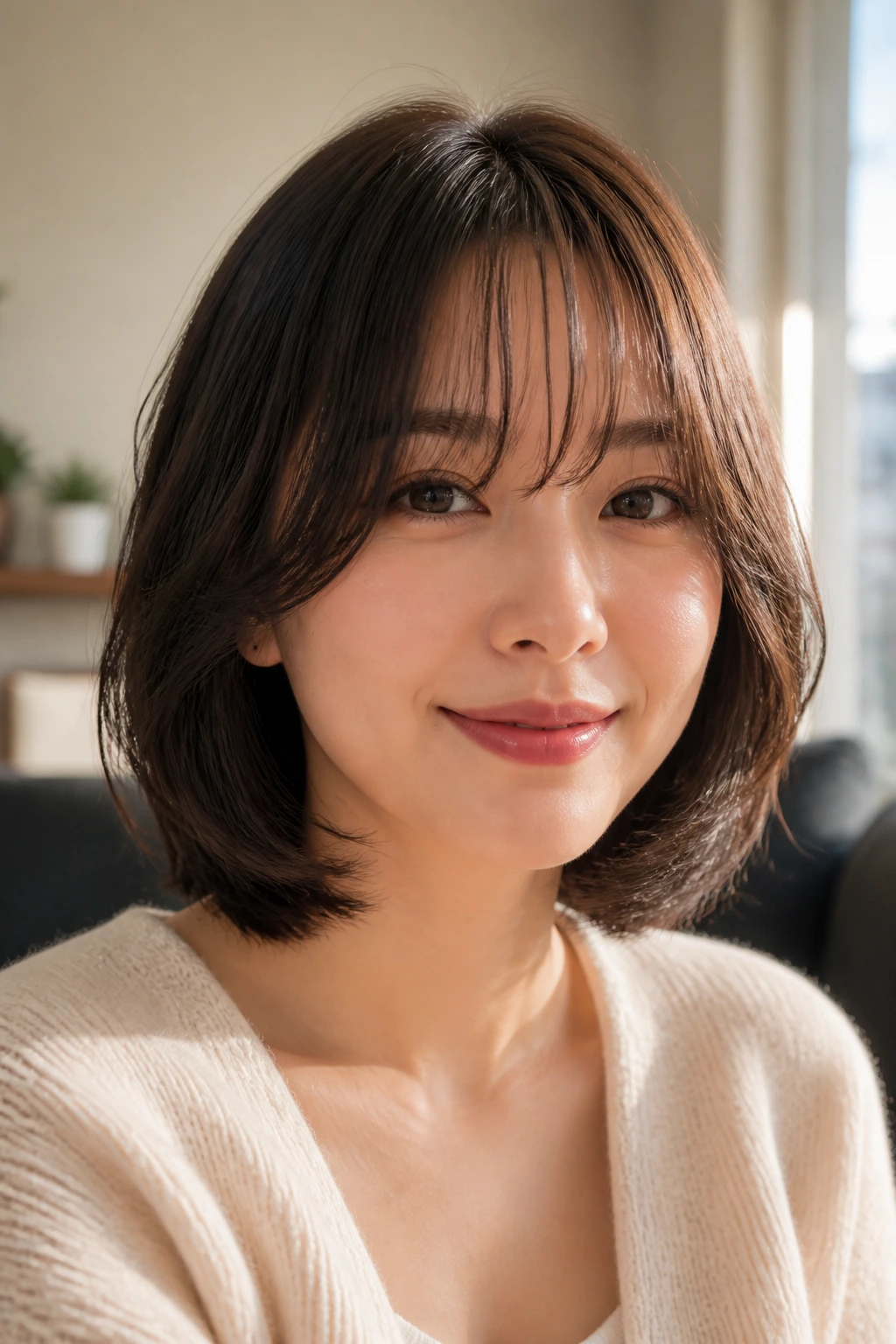 Close-up portrait of a woman with bottleneck bangs and cheekbone-length layers, warm window light.