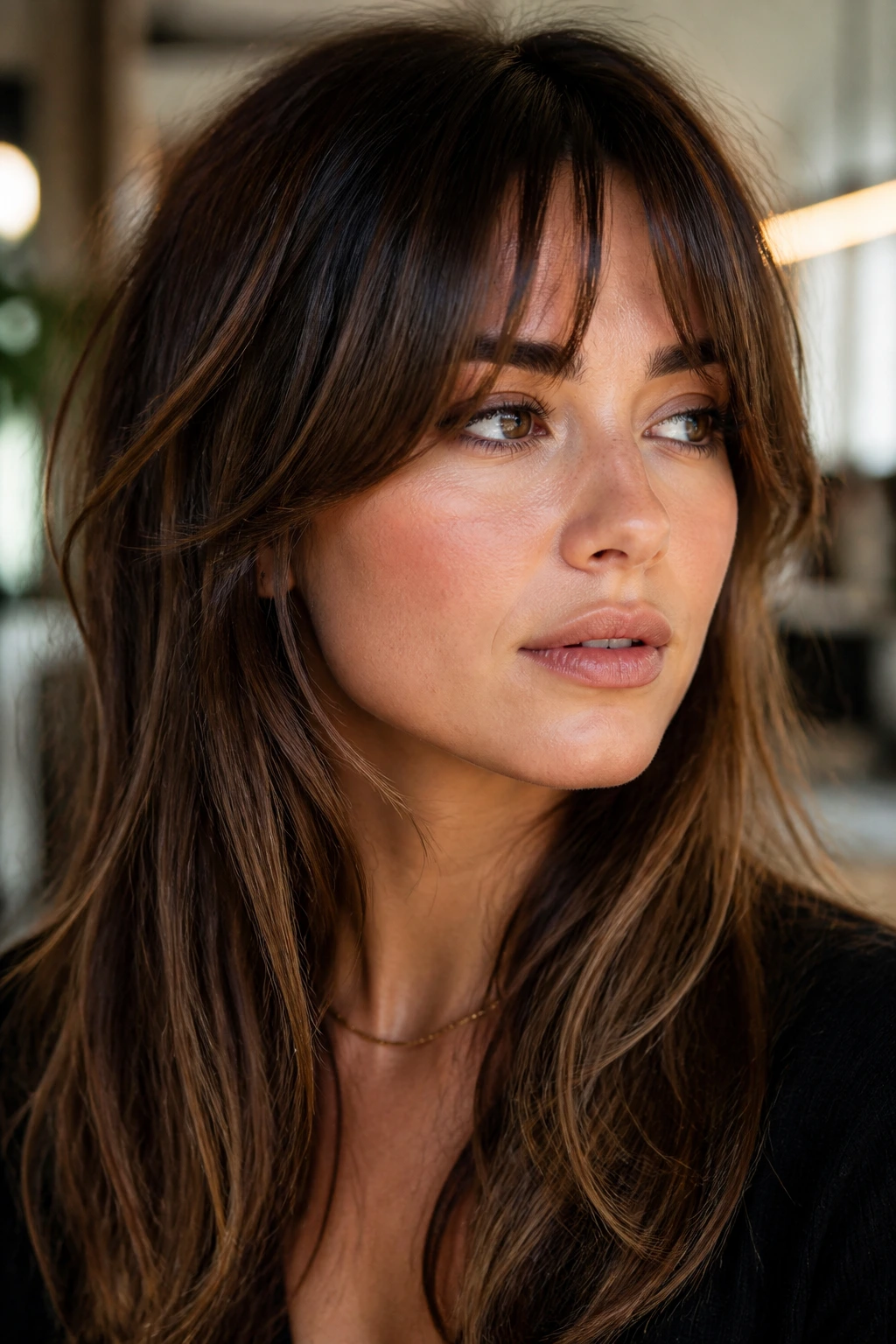 Real woman with bottleneck bangs that narrow center and lift the cheekbones.