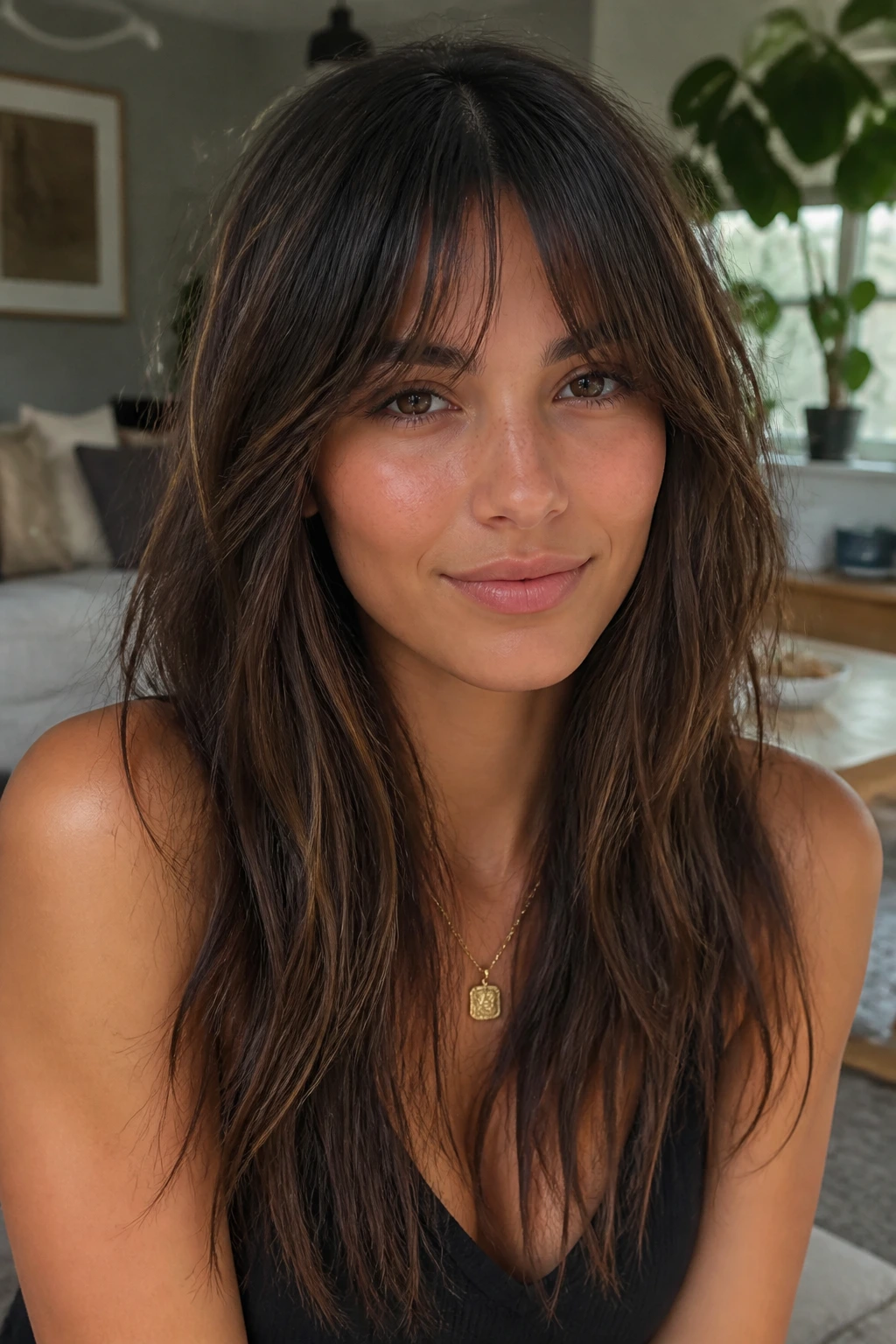 Real person portrait showing bottleneck bangs with choppy ends