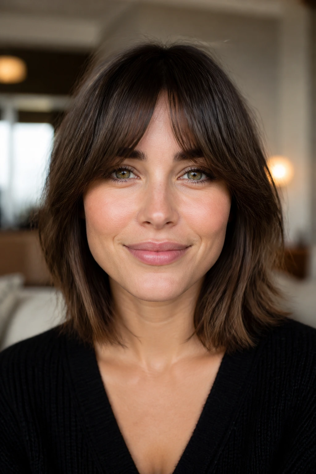 Close-up of a real woman with bottleneck bangs featuring a narrow center and wider sides