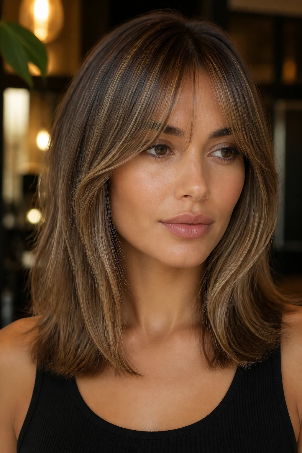 Close-up of a real woman with bottleneck bangs and collarbone-length underlayer, warm lighting