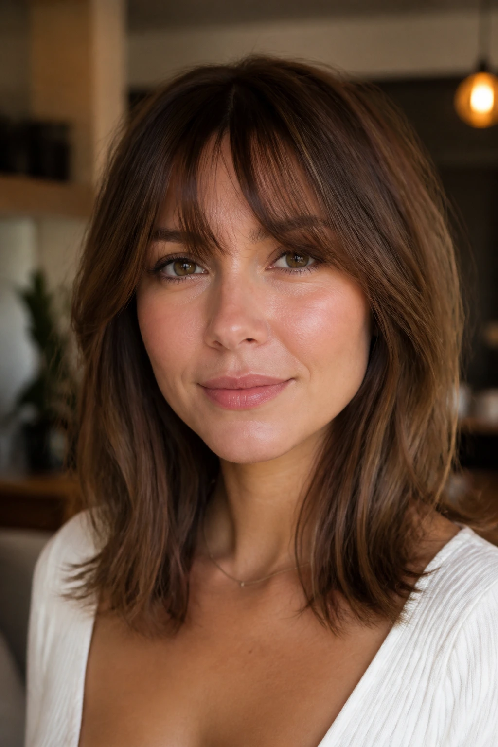 Portrait of a woman with bottleneck bangs and collarbone-length hair