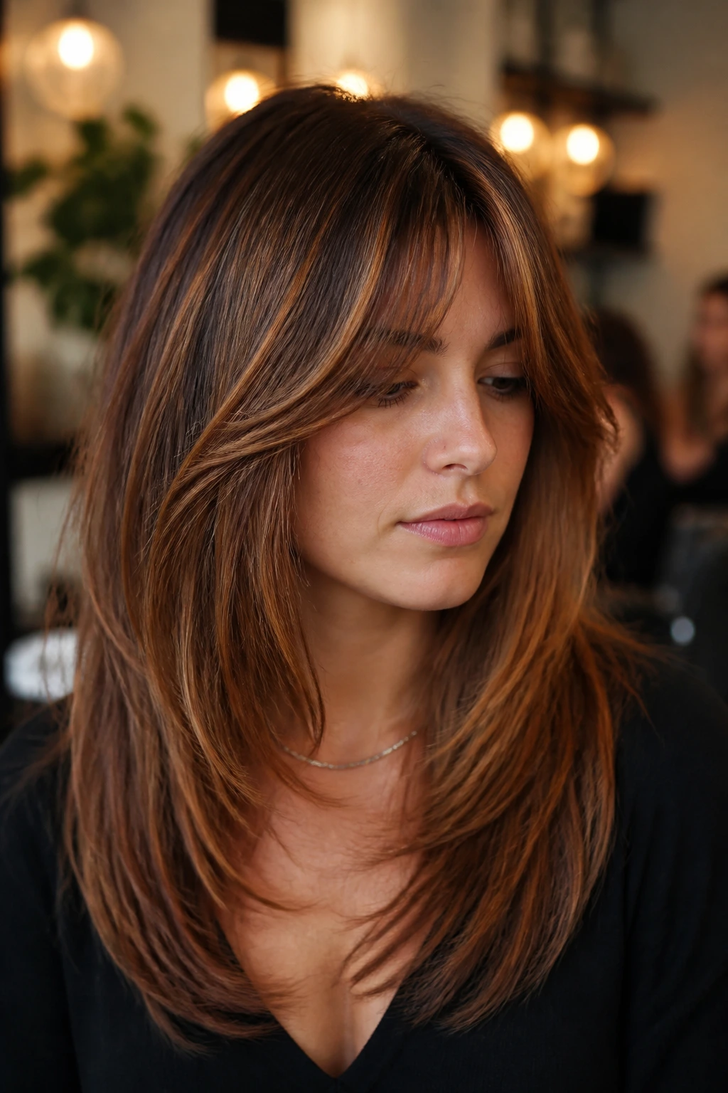 Portrait of a woman with bottleneck bangs and copper babylights