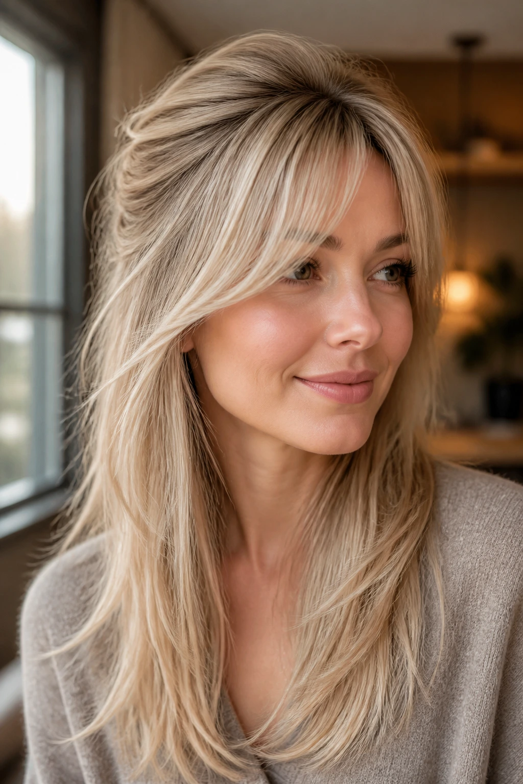 Portrait of a real woman featuring bottleneck bangs and feathered crown volume
