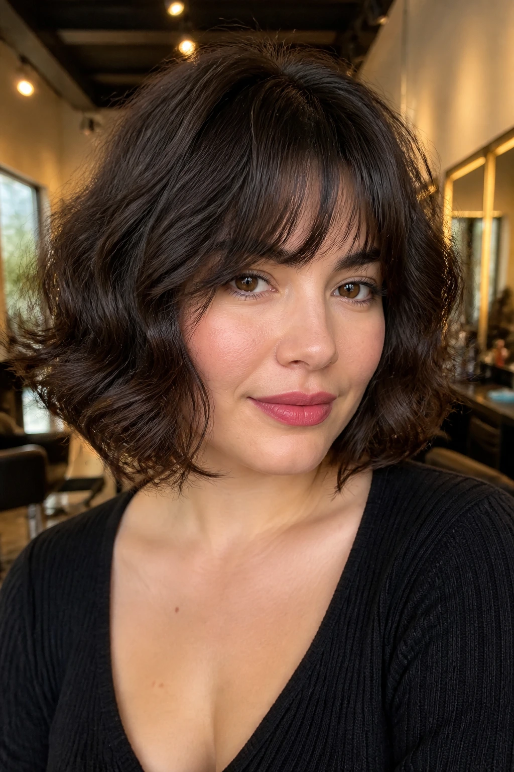 Portrait of a real person with bottleneck bangs and curled bob in a salon setting.