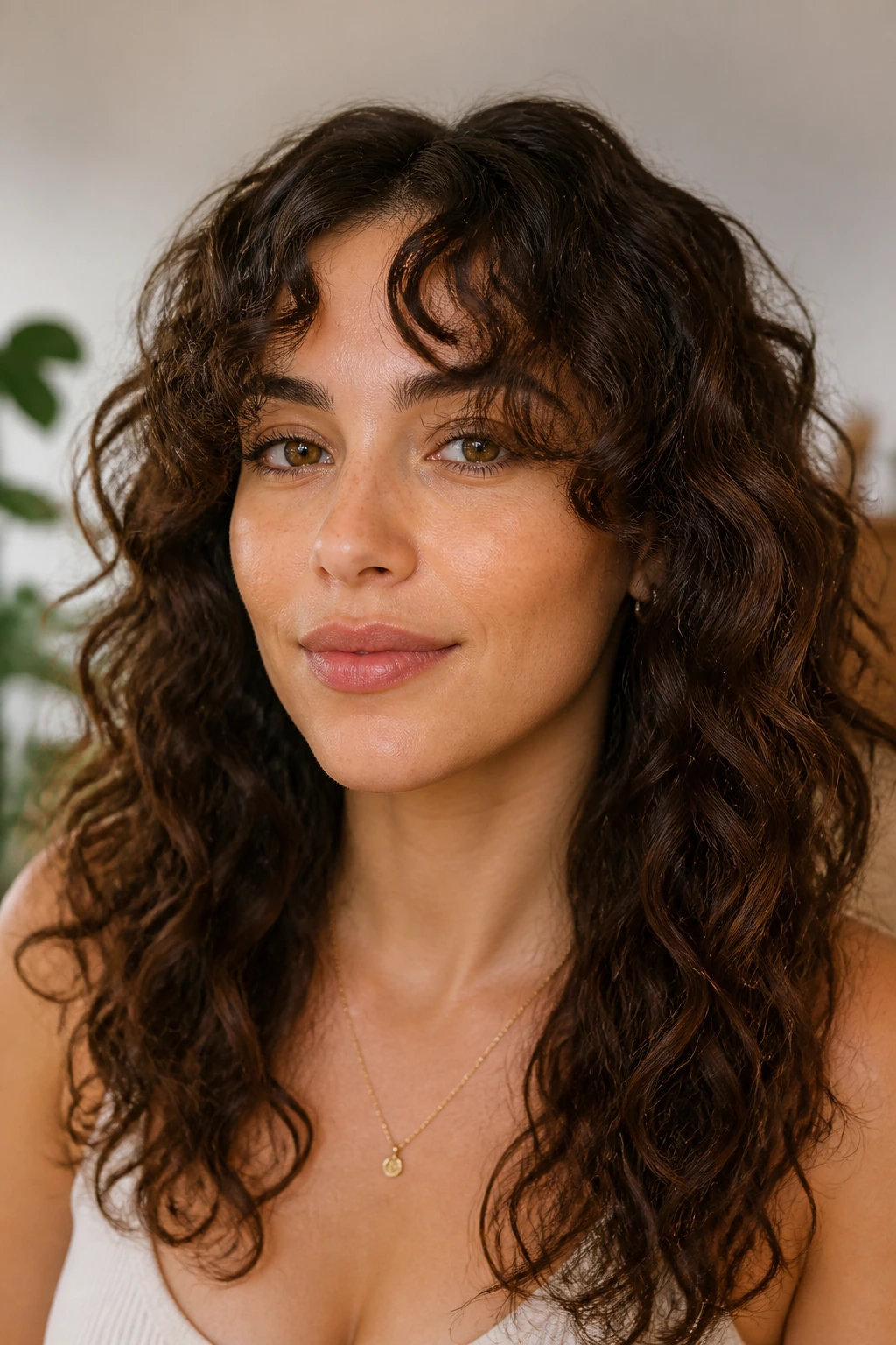 Close-up of bottleneck bangs with narrow center and flared sides on a real person