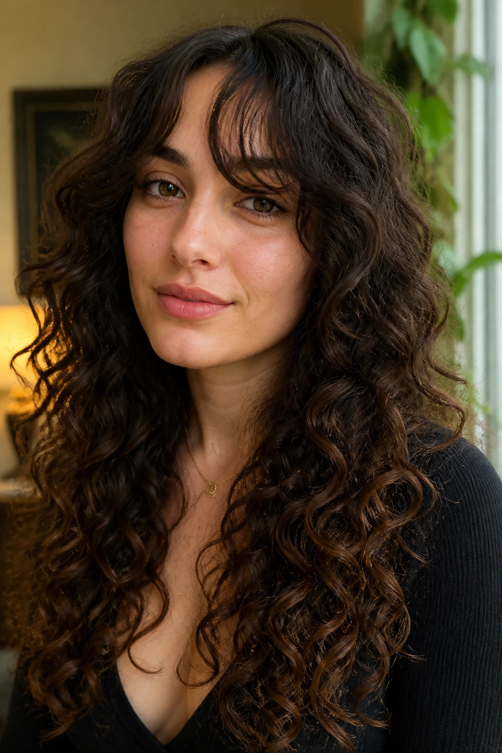 Close-up of a real woman with bottleneck bangs blending into long curls
