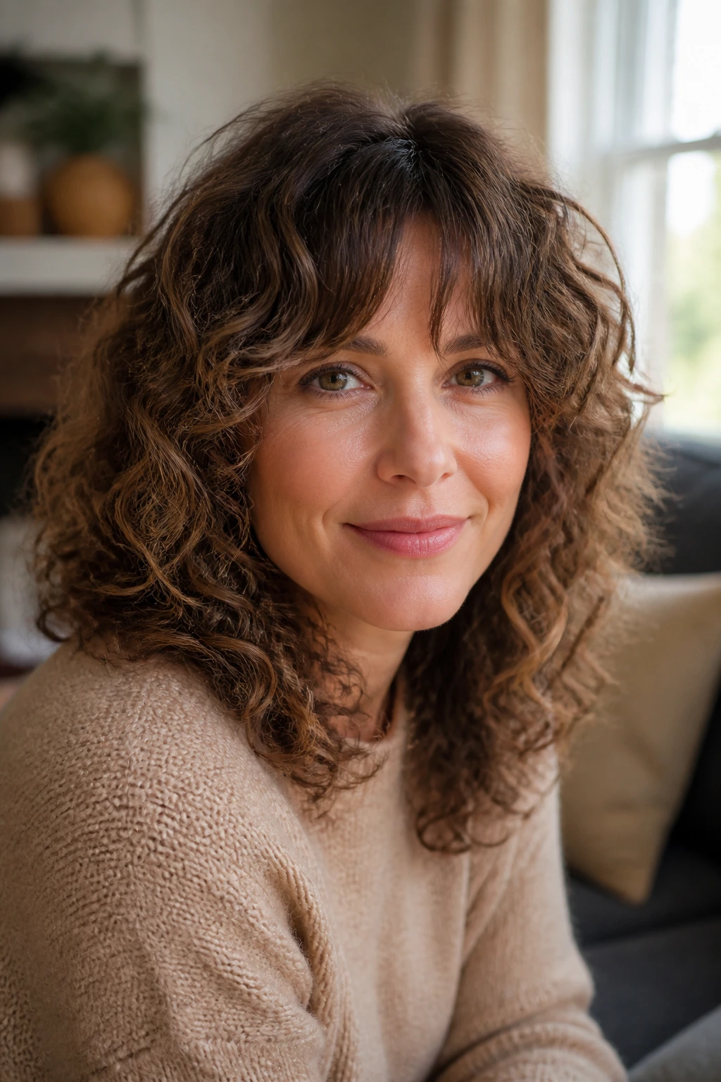 Woman with bottleneck bangs and soft curly ringlets.