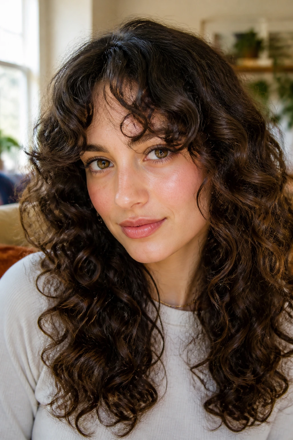 Close-up portrait of a real woman with bottleneck bangs framing her forehead