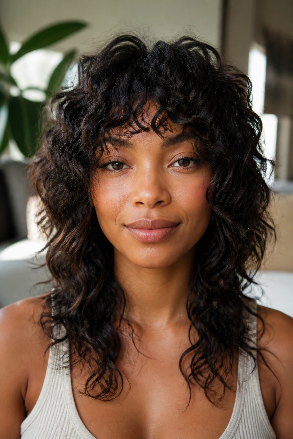 Close-up portrait of a real woman with bottleneck bangs and curly shag hairstyle