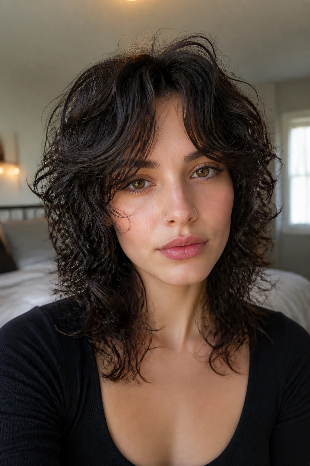 Portrait of a woman with bottleneck bangs in a curly shag
