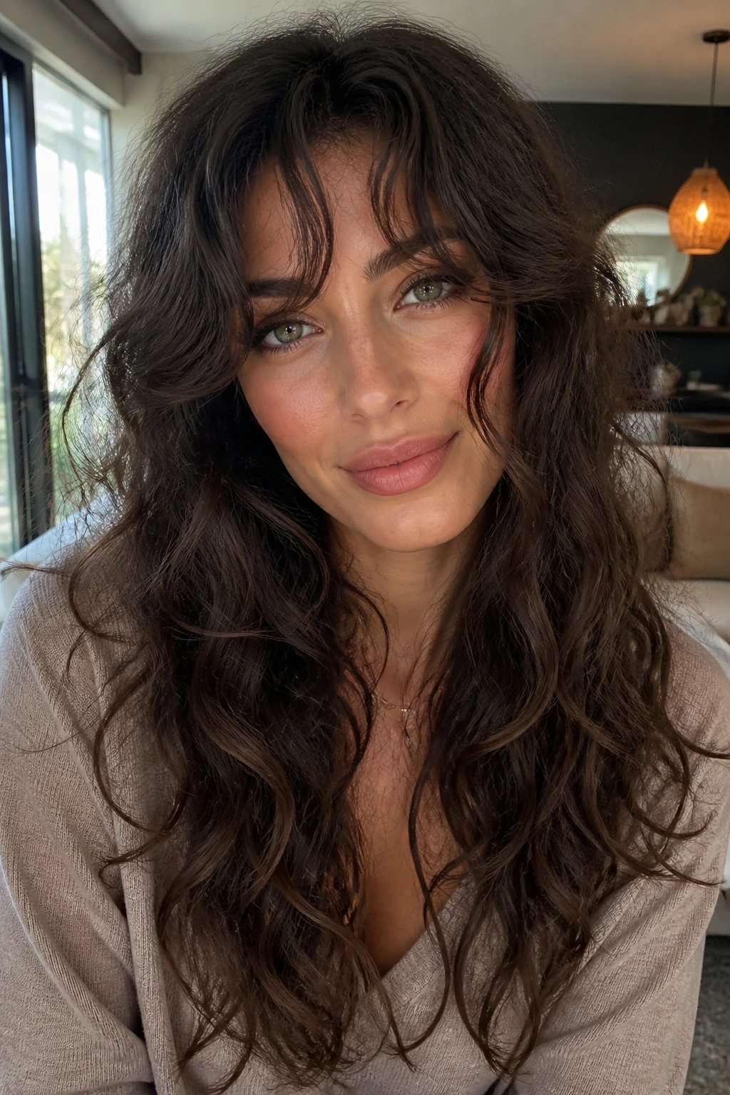 Close-up portrait of a real woman with long bottleneck bangs and curtain sides by a window