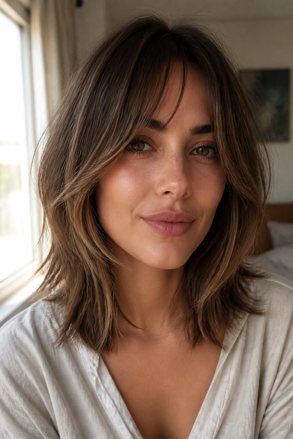 Portrait of a woman with bottleneck bangs and soft face frame at shoulder length