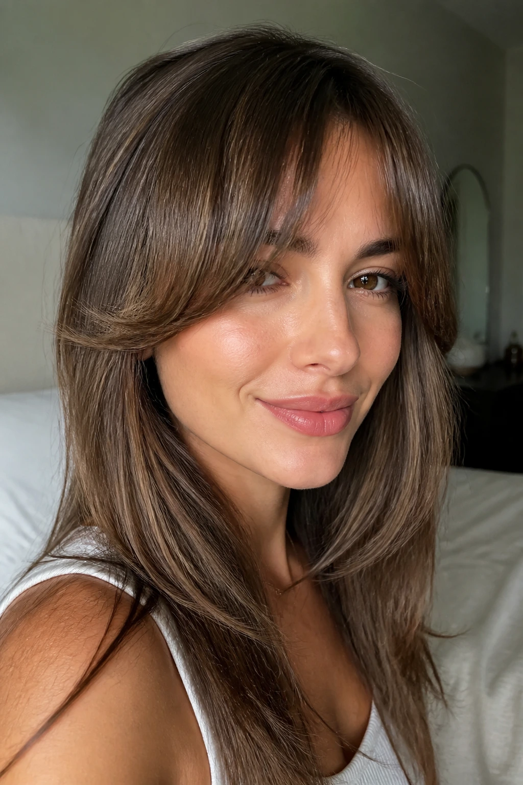 Close-up portrait of a real woman with soft bottleneck bangs and face-framing length