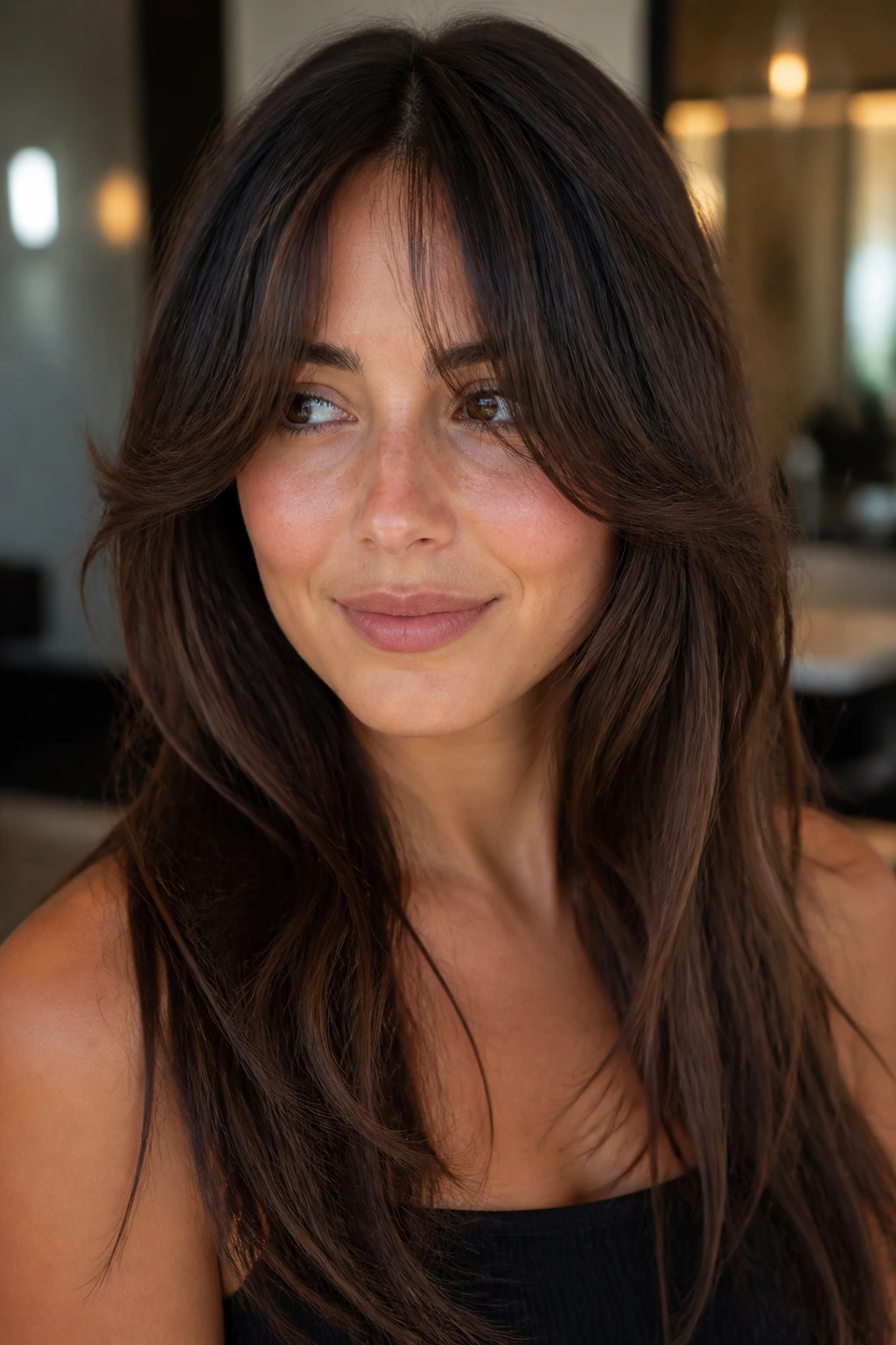 Portrait of a woman wearing bottleneck bangs with feathered ends