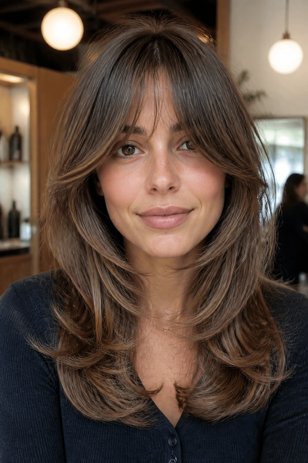Close-up of a woman with bottleneck bangs and feathered layers in warm-lit salon setting.